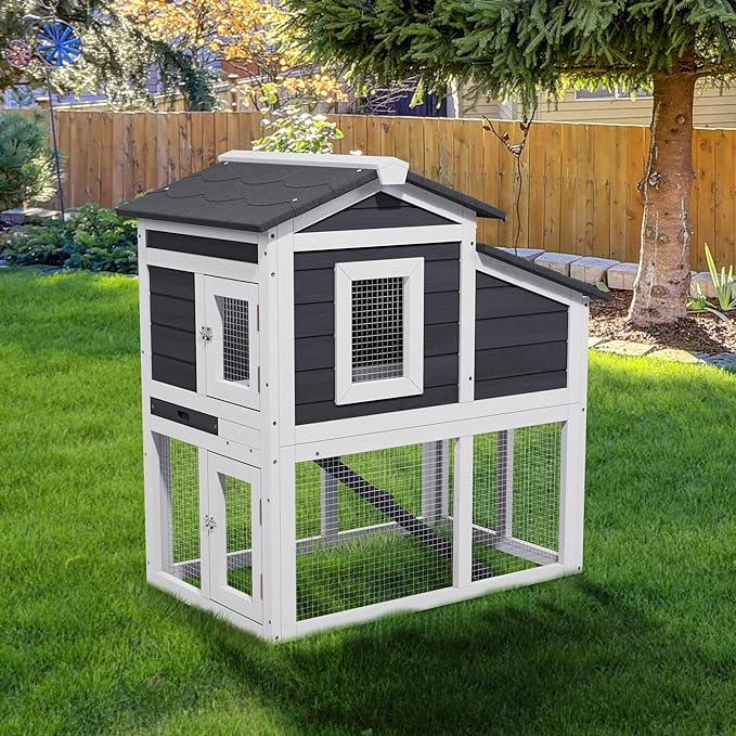 Small Chicken Coop for 2 Chickens,Wooden Chicken Coops with Nesting Boxes Indoor Outdoor,Bunny House Rabbit Hutch Poultry Pet Run Cage with Waterproof Roof,Stairs&Leak-Proo-Tray (Grey)