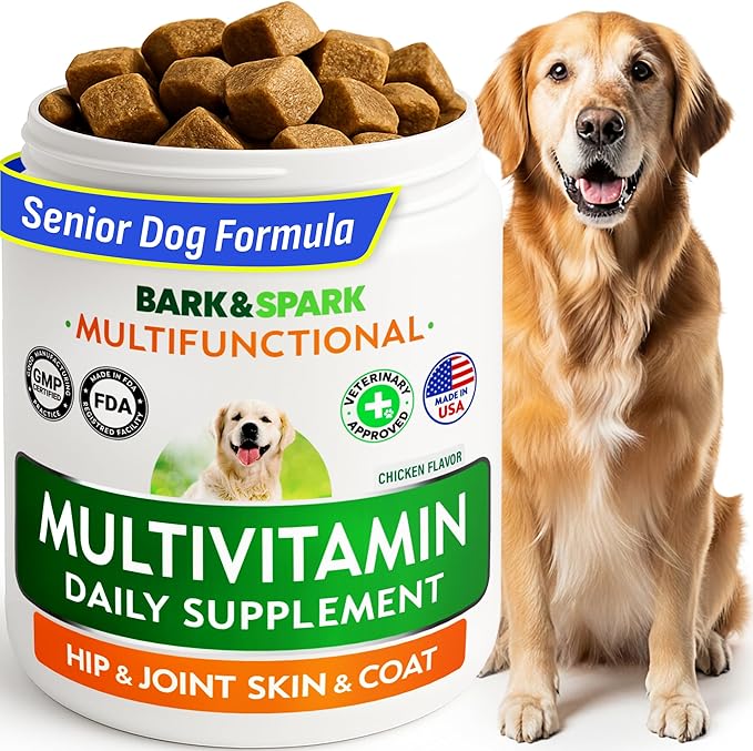 BARK&SPARK Dog Vitamins & Supplements - Multivitamin Chewable Treats for Dogs - Glucosamine Chondroitin for Joint Support + Omega for Skin & Coat + Probiotics - Multi Vitamin for Pets Health - 120Ct
