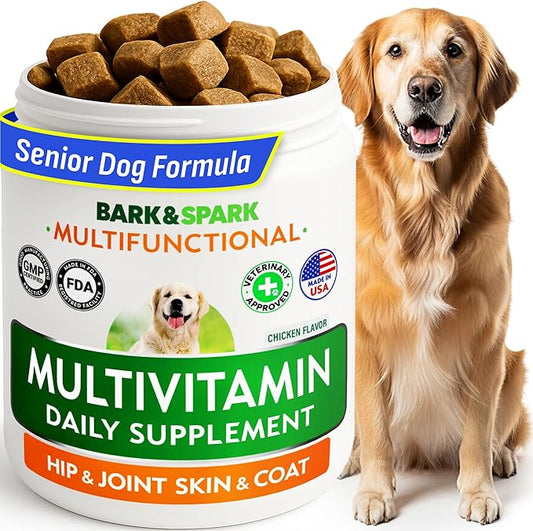 BARK&SPARK Dog Vitamins & Supplements - Multivitamin Chewable Treats for Dogs - Glucosamine Chondroitin for Joint Support + Omega for Skin & Coat + Probiotics - Multi Vitamin for Pets Health - 120Ct