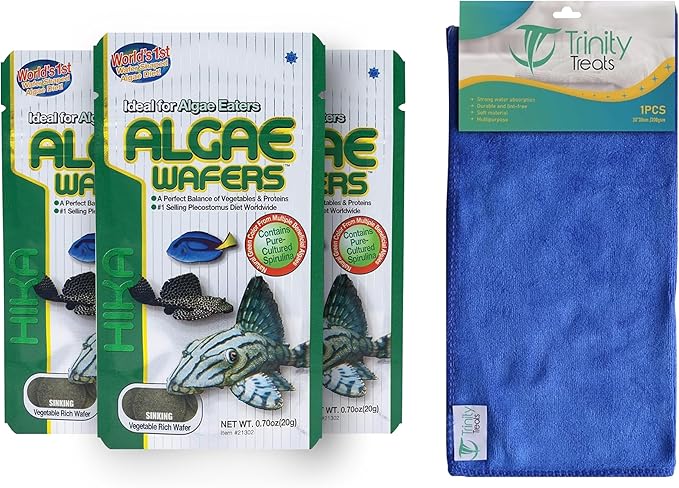 Algae Wafers 0.70 oz (Pack of 3) Fish Food Including Trinity Treats Microfiber Cleaing Cloth(Algae Wafers Fish Food)