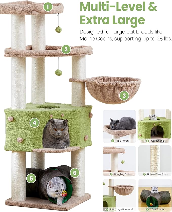 Cat Tree Tower for Indoor Cats Large Adult - Tall Kitty Condo House with Hammock Scratching Post Tunnel - 60 Inch Big Kitten Bed Condos Trees - Heavy Duty Kittens Houses Stand for Multiple Maine Coon
