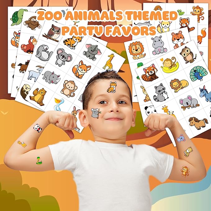 Zoo Pre-cut Temporary Tattoos (8 Sheets 96PCS) Jungles Party Decorations Supplies Favors Safari Animals Theme Birthday Cute Stickers Christmas Gifts for Boys Girls Class School Prizes Carnival
