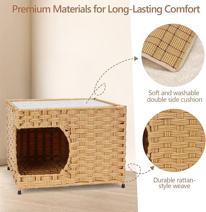 Cat House for Indoor Cats -Handwoven Rattan Cozy Kitten Cave with Double-Sided Soft Cushion, Decorative Pet Bed Furniture