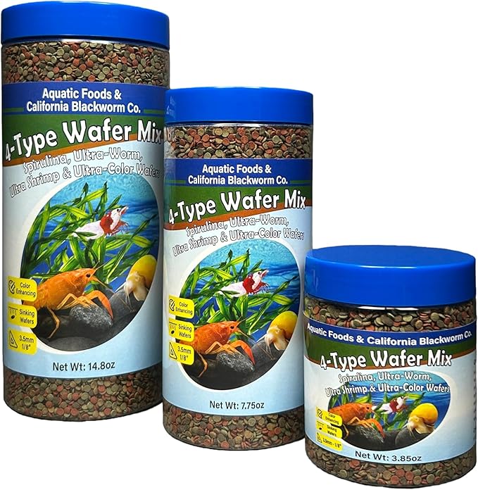 Aquatic Foods Inc. 4-Type 3.5mm - 1/8" Sinking Wafer Mix of Spirulina-Algae, Ultra-Worm, Ultra-Shrimp, Color Enhancing Wafers for Shrimp, Snails, Crabs, Crayfish, All Tropical Fish, 3.5mm..5oz