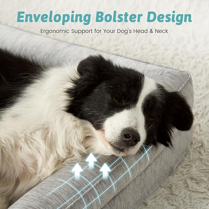 Cooling Dog Bed, Orthopedic Foam Dog Bed with Sides, Removable Cover & Waterproof Lining and Nonskid Bottom, Comfortable Pet Beds for Extra Large Dogs, Grey (48" L x 32" W x 7.5" Th)