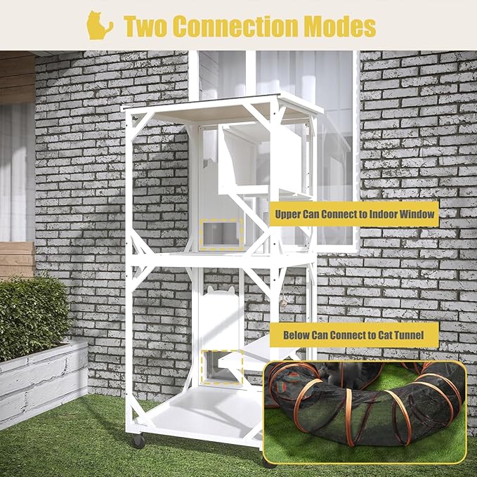 ROOMTEC Catio Outdoor Cat Enclosure - Large Wooden House with Roof, 71" H, 3 Jumping Platforms & 1 Napping House for Cats (White)