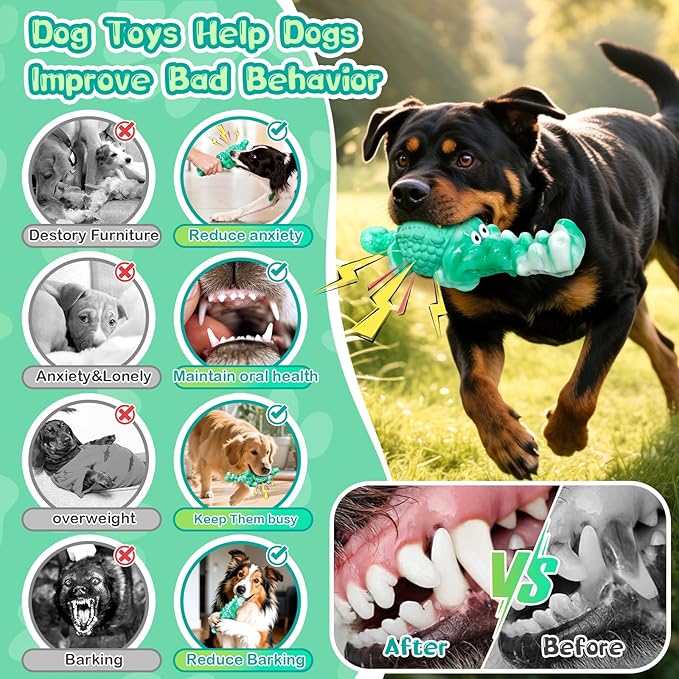 Dog Chew Toys for Aggressive Chewers - Indestructible Squeaky Crocodile Dog Toy for Small/Medium/Large Breeds, Best Tough Chew Toys for Teeth Cleaning and Anxiety Reduction, Boredom or Stress Relief