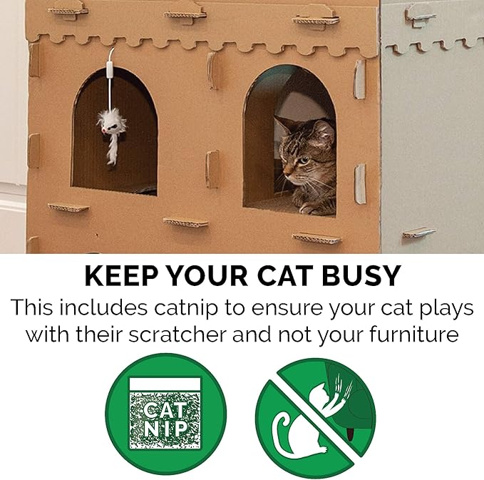 Furhaven Multi-Level Cardboard Cat Condo w/ Catnip for Indoor Cats, Ft. Scratching Pads & Toys - High Castle Tower Corrugated Cat Scratcher Hideout - Cardboard Brown, One Size