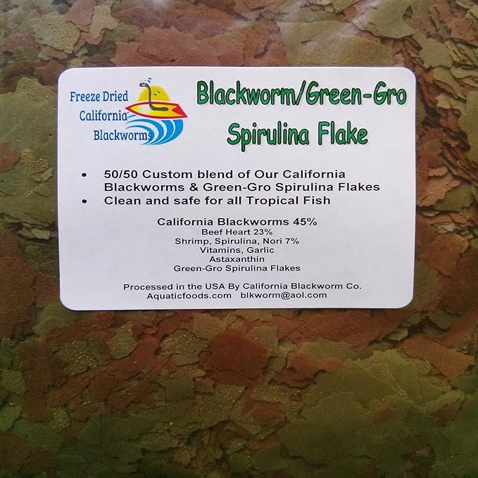 Aquatic Foods Inc. Flakes - 45% California Blackworm & Spirulina Green GRO Flake Mix for Discus, Cichlids, Tetras, Guppies, Live Bearers, Pond Fish, ATropical Fish - Premium AF Flakes - 2-lbs