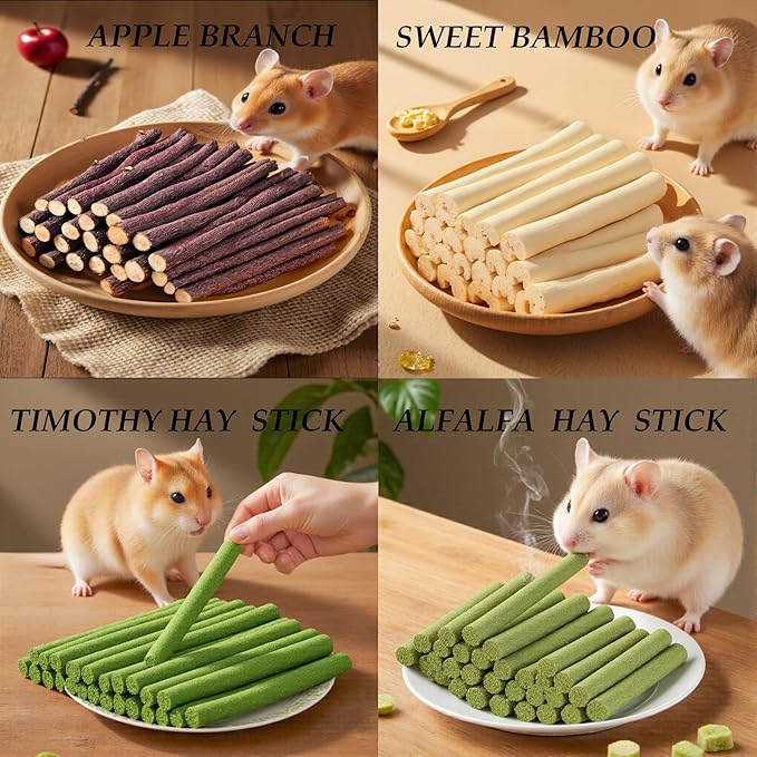 Rabbit Toys 285g/10.1oz Bunny Chew Treats Timothy Hay Sweet Bamboo Snack Guinea Pig Molar Branch Toy Apple Stick Alfalfa Food for Cleaning Teeth Grinding Dental for Hamster Squirrel Chinchilla