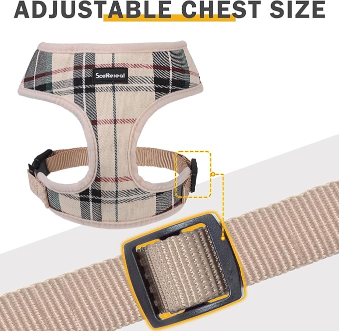 SCENEREAL No Pull Small Dog Harness Collar and Leash Set, Soft Mesh Step in Plaid Puppy Harnesses for Fall Winter, No Chock Adjustible Pet Vest for Outdoor Walking Training and Running, Beige S