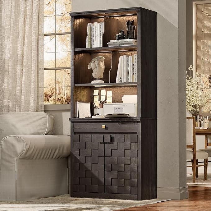 Fluted Bookcase with LED Light, 72.2" Tall Freestanding Bookshelf with Drawer and Doors, Modern Storage Book Case with 3-Tier Open Shelves for Home Office, Living Room, Bedroom (1, Black Oak)