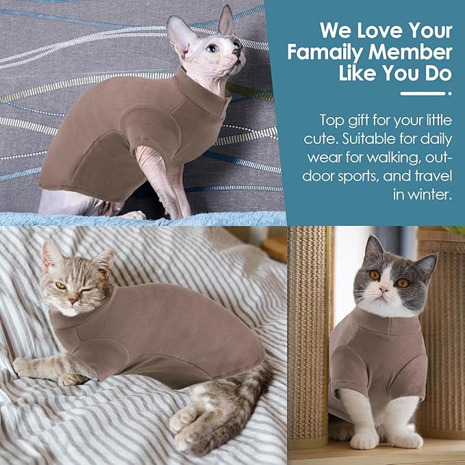 SUNFURA Turtleneck Sweater for Cat, Sphynx Cats Shirt Hairless Cat Sweaters with Sleeves, Warm and Soft Kitten Pullover Fleece Winter Pajamas Jumpsuit for Puppy Cats, Coffee XL