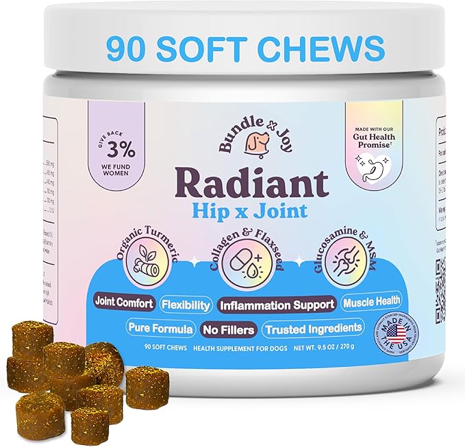 Radiant Hip and Joint Support Supplement for Dogs, 90 Soft Chews, Glucosamine Chondroitin for Dogs with Collagen, Turmeric, MSM, Colostrum, Helps Support Mobility and Flexibility