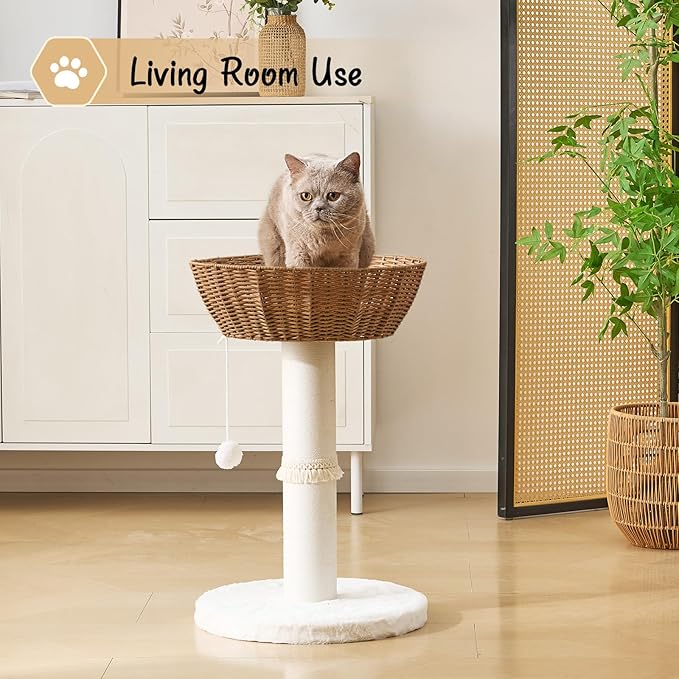 Cat Tree Tower, Handwoven Cat Condo with Nest Basket Bed, Cotton Scratching Post, Funny Hanging Toy Ball, 2 Sides Cushion Top Perch, Rattan