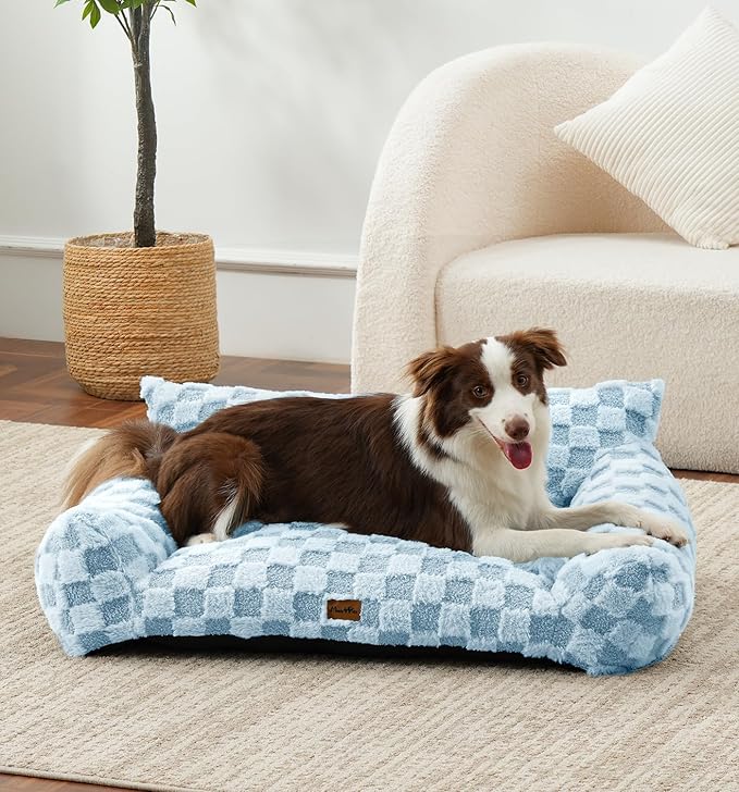 MADE 4 PETS Dog Couch Bed, Soft Faux Fur Checkered Indoor Pet Sofa, Comfortable Fluffy Dog Sofa with Supportive Foam, Removable Washable Cover with Non-Slip Base, Blue, Large