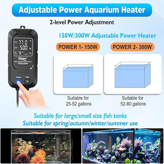hygger Aquarium Heater, Adjustable Power 150W/300W Fish Tank Heater with Intelligent LED Digital Display Controller, High-Temperature & Off-Water Protection, for 25-80 Gallon Saltwater and Freshwater