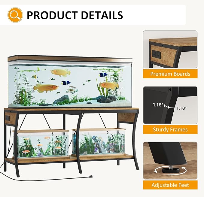 55-90 Gallon Fish Tank Stand with Power Outlets, 2-Tier Aquarium Stand with LED Light Strip & Open Storage Shelves, Heavy Duty Metal Table for Reptile Tank, 1150 LBS Capacity, Light Brown and Black