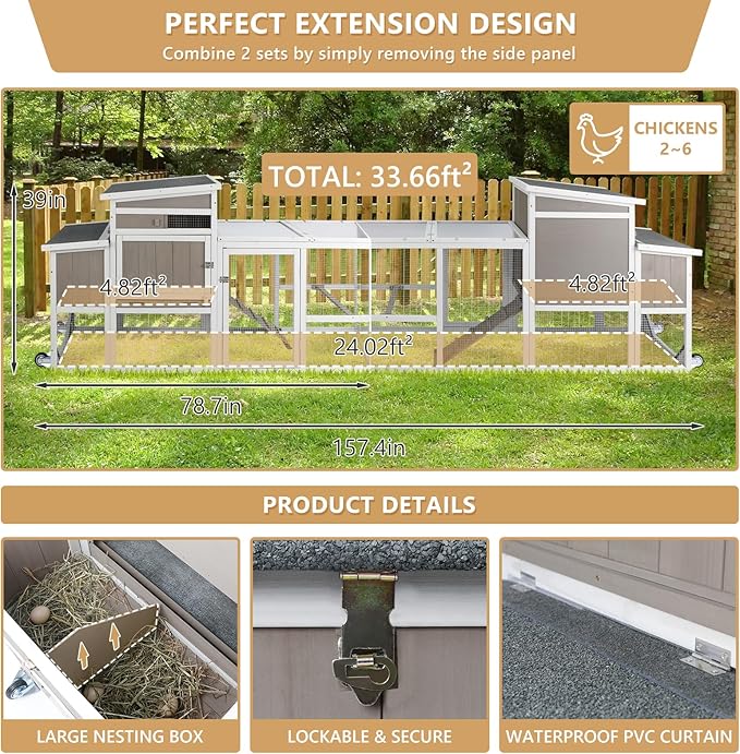 Chicken Coop with Run, Mobile Hen House with Wheels, Indoor/Outdoor Rabbit Hutch, Predator-Resistant, Nesting Box, 3 Perches, Tray, Combinable Design, for Chickens and Bunnies, Grey