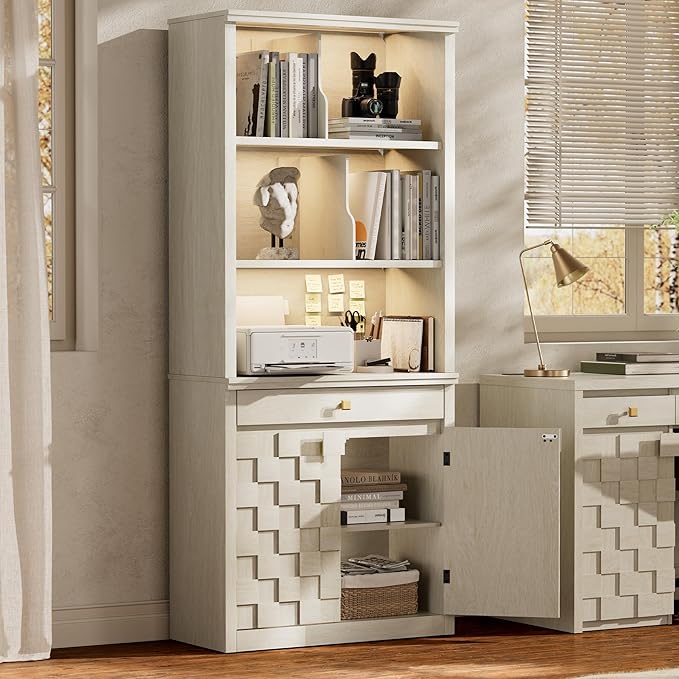 Fluted Bookcase with LED Light, 72.2" Tall Freestanding Bookshelf with Drawer and Doors, Modern Storage Book Case with 3-Tier Open Shelves for Home Office, Living Room, Bedroom (1, White Oak)