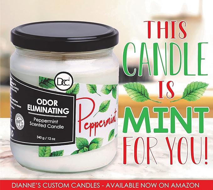 Peppermint Odor Eliminating Highly Fragranced Candle - Eliminates 95% of Pet, Smoke, Food, and Other Smells Quickly - Up to 80 Hour Burn time - 12 Ounce Premium Soy Blend
