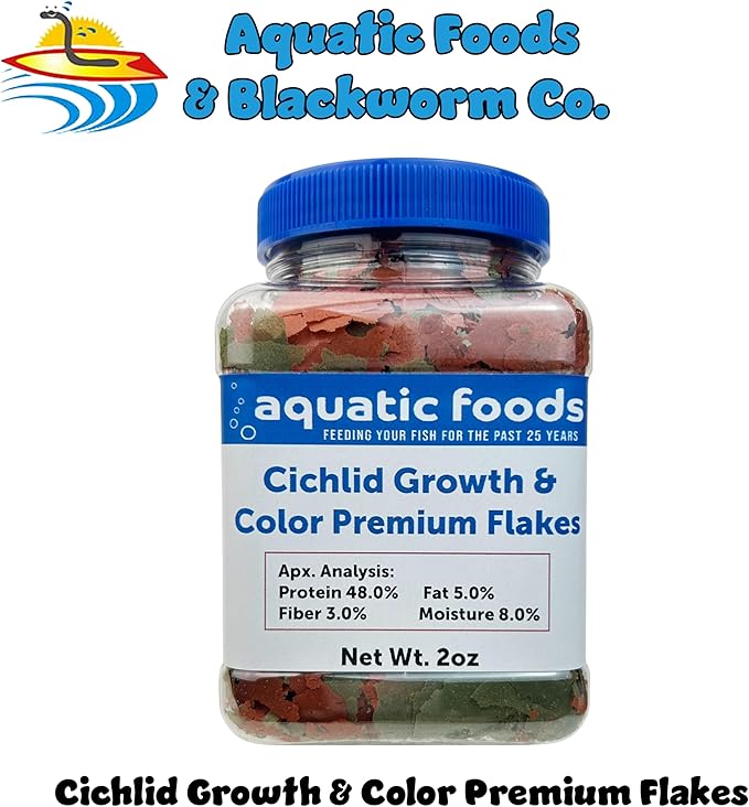 Aquatic Foods Inc. Cichlid Growth & Color Enhancing Flakes for Cichlids, Discus, All Tropicals. Aquatic Foods Premium Flakes…2oz Small Jar