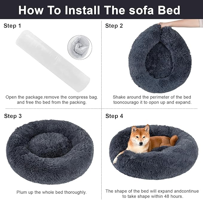 Dog Calming Beds for Small Medium Large Dogs - Round Donut Washable Puppy Dog Bed, Anti-Slip Faux Fur Fluffy Donut Cuddle Anxiety Cat Pet Bed(20" Dark Grey)