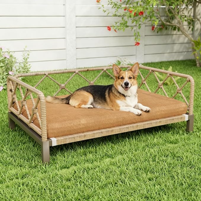 Outdoor Wicker Dog Bed Indoor Rattan Dogs Sofa with Soft Cushion, Dog Couch & Furniture, Pet Bed with Crate Pad(Brown Wicker and Cushion, Large and Medium)