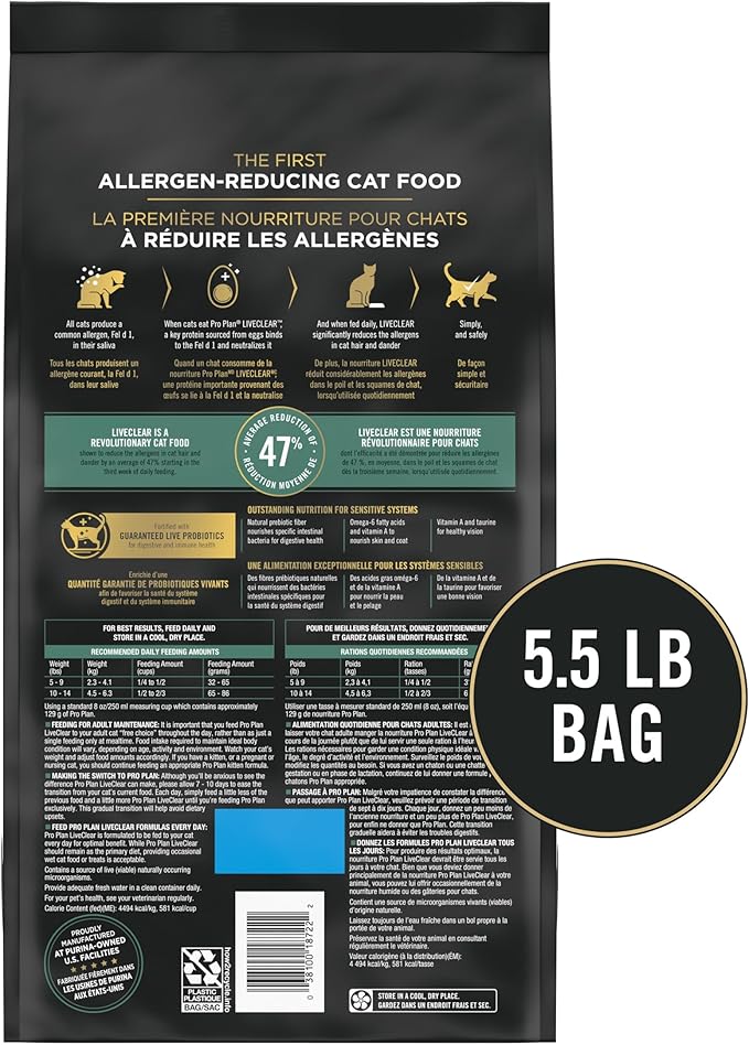 Purina Pro Plan Allergen Reducing, Sensitive Skin & Stomach, High Protein Cat Food, LIVECLEAR Turkey and Oatmeal Formula - 5.5 lb. Bag