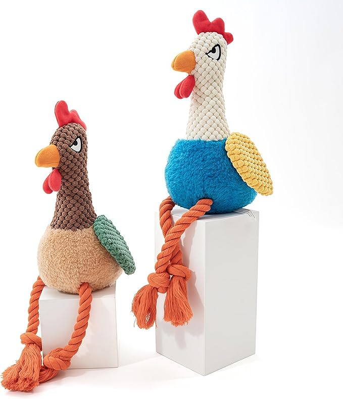 Plush Rooster Dog Toy with Squeaker, Interactive Rope Legs, Colorful Textured Chew Toy for Small, Medium Dogs, Tug-of-War, Fetch