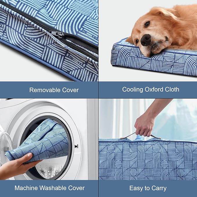 Outdoor Large Dog Bed, Waterproof Dog Bed for Large Size Dogs, Egg Crate Foam Pet Bed with Removable Washable Oxford Cooling Cover, White Blue