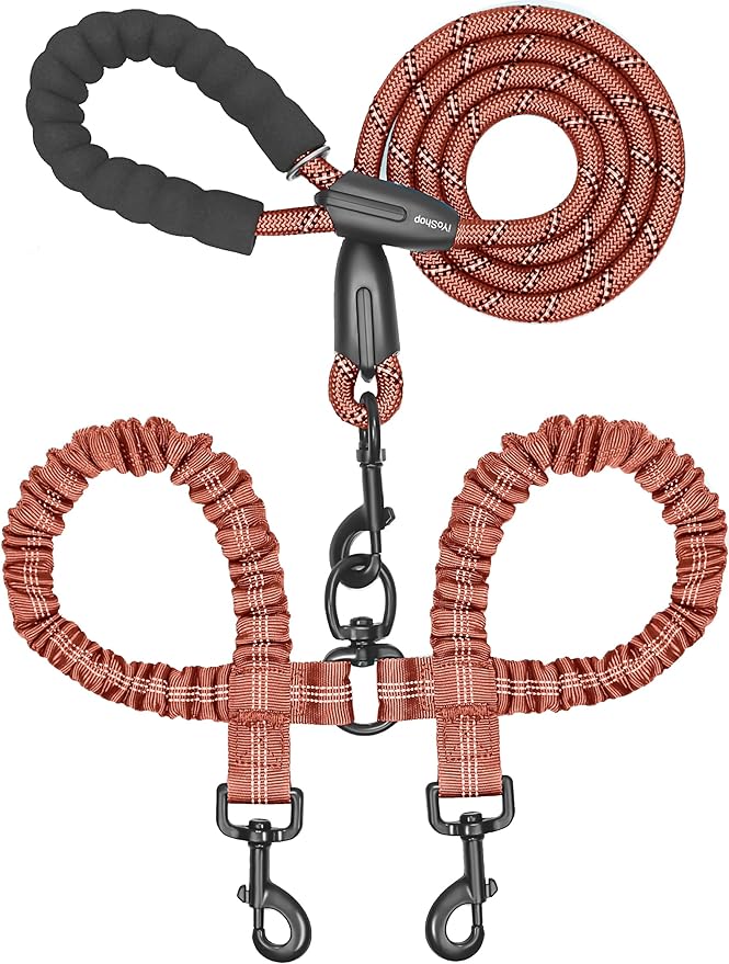 iYoShop Dual Dog Leash - 360° Swivel, No Tangle Walking Leash with Shock Absorbing Bungee for Two Dogs (Large, 25-150 lbs, Brown)