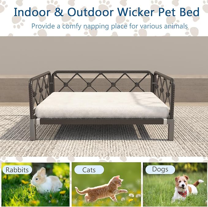 Wicker Dog Bed with 2" Cushion,Rattan Dog Sofa Bed for Small Medium Dogs– Indoor/Outdoor Metal Frame Pet Bed up 66lbs(Black Rattan White Cushion)