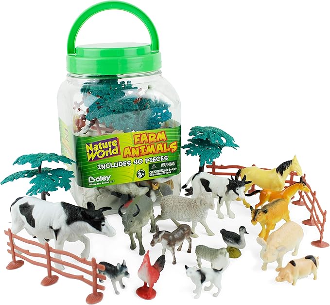 Boley Farm Animal Toy Bucket - 40 Piece Educational Playset with Horses, Cows, Roosters, Sheep, Fences, Trees - Perfect for Imaginative Play, Easy Storage, and Cleanup - Child Safe, Durable, and Fun