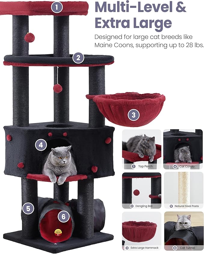 Cat Tree Tower for Indoor Cats Large Adult - Tall Kitty Condo House with Hammock Scratching Post Tunnel - 60 Inch Big Kitten Bed Condos Trees - Heavy Duty Kittens Houses Stand for Multiple Maine Coon