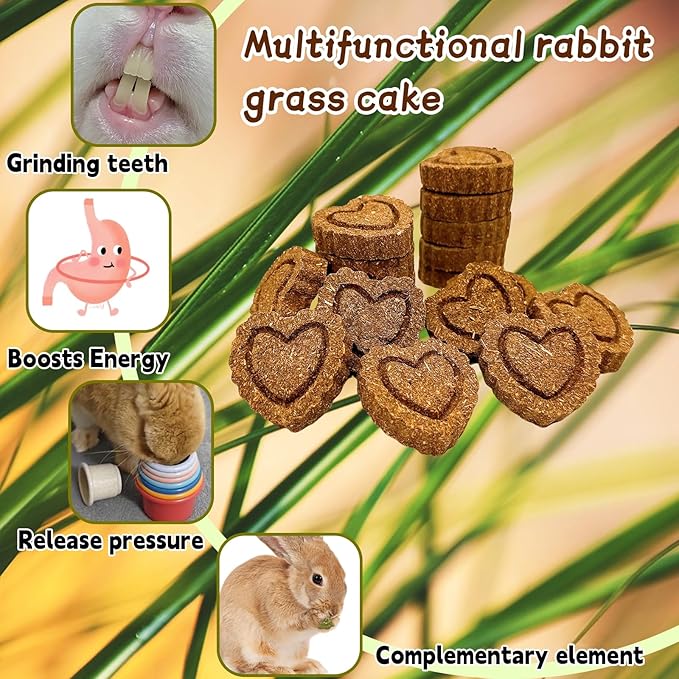 36PCS Bunny Chew Toys, Grinding Natural Carrot Grass Cake Treats for Rabbits Guinea Pigs Chinchillas Gerbils Hamsters Improves Dental Health(Carrot Heart-Shaped GrassCake)