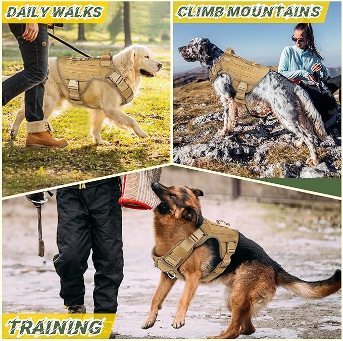 WINGOIN Tactical Dog Harness for Large Dogs, Heavy Duty No Pull Dog Harness with Handle, Adjustable Reflective Military K9 German Shepherd Big Size Dog Vest for Walking, Training, Hunting, Khaki (L)