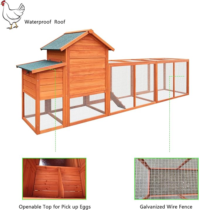 122" Large Wooden Chicken Coop with Nesting Box – Outdoor Hen House for 3–4 Chickens, Weather-Resistant Roof, Secure Poultry Cage with Perch & Easy-Clean Tray Natural