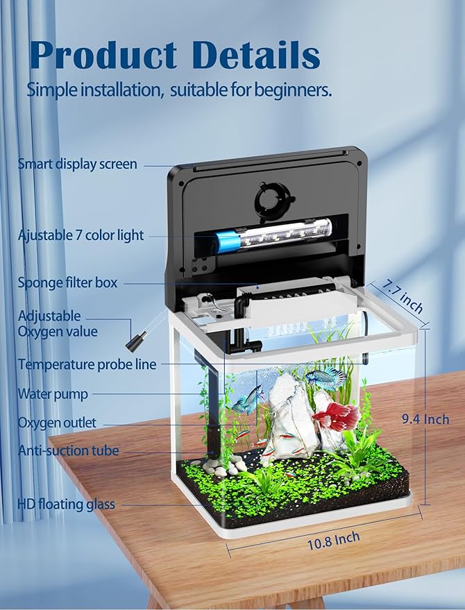 3 Gallon Fish Tank, Small Smart Aquarium with Filter, LED Light, Temperature Display for Betta, Shrimp, Goldfish, Guppies Small Fish with Fish Net