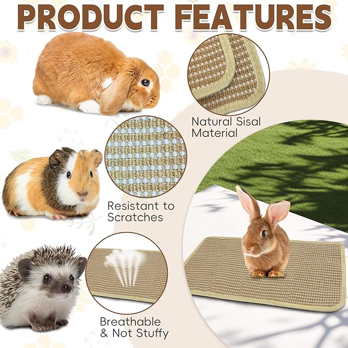 Hamiledyi 2 Packs Rabbit Scratching Pads Natural Sisal Scratcher Mats Sturdy Grinding Claw Pads Rabbit Cage Accessories for Guinea Pig Cat Bunny Chinchilla Protect Furniture (19.69"x11.81")