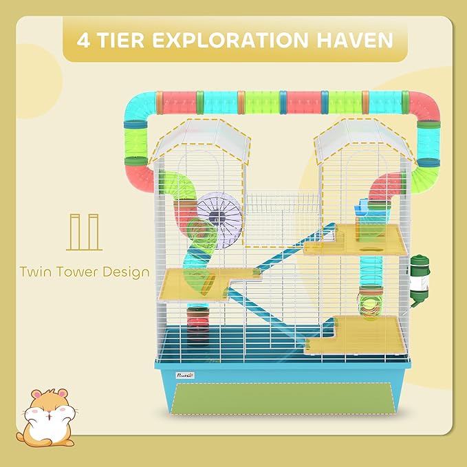 PawHut 4 Tier Hamster Cage, Large Twin Tower Design Gebril Cage with Exercise Wheel, Tubes, Hut, Ramps, Food Dish, Water Bottle, 22.8" x 14.2" x 25.6", Light Blue