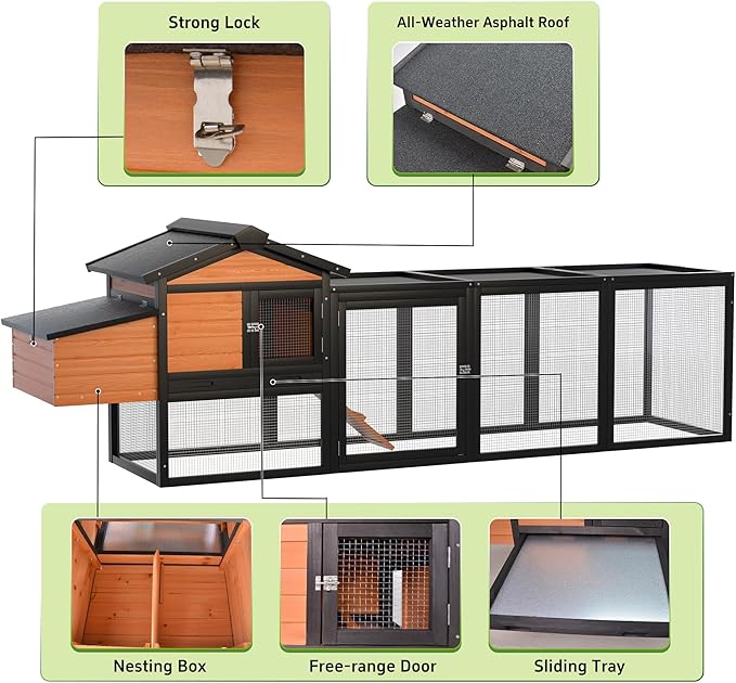 106”Solid Wood Chicken Coop for 3-4 Chickens,Outdoor Hen House Poultry Pet Hutch with Run Cage and Nesting Box,Waterproof Asphalt Roof Ramp,Removable Tray Wire Fence for Backyard