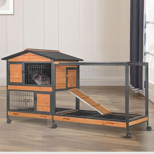 Rabbit Cage,Indoor Rabbit Hutch with Matel Frame and Pull Out Tray,Rabbit Hutch Chicken Coop with Run (Orange)