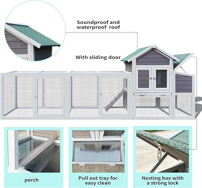 122" Large Chicken Coop with Nest Box and Removable Tray, Hen House for 2-6 Chickens, Outdoor Weatherproof Small Animal Cages