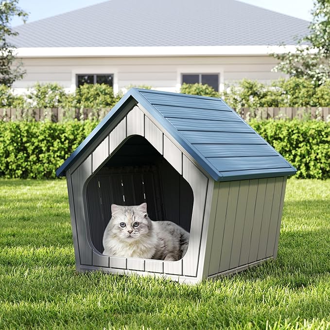 Outdoor Cat House Weatherproof, Clawsable Cat Houses for Outdoor Indoor Cats, Feral Outside Cats House Weatherproof, Resin Insulated Material, Air Holes Easy to Clean and Install, Blue