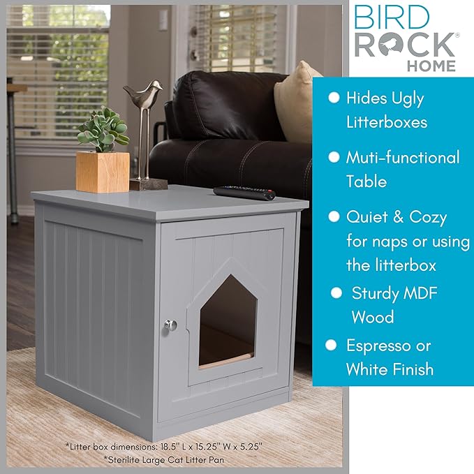 BIRDROCK HOME Decorative Cat House & Side Table | Grey Nightstand | Indoor Pet Crate | Litter Box Enclosure | Hooded Hidden Pet Box | Cats Furniture Cabinet | Kitty Washroom