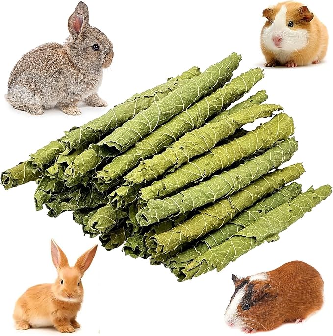 Fhiny Rabbit Chew Toys, 100g Natural Mulberry Leaf Crispy Rolls Small Animal Molar Snacks Chinchilla Sticks Guinea Pig Chews for Teeth Dental Care for Bunny Guinea Pig Chinchilla Hamster Gerbil
