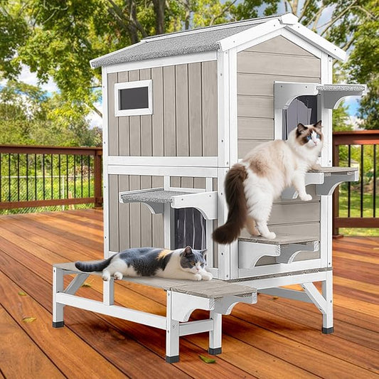 Outdoor Cat House Weatherproof with Balcony Outside Wooden Feral Cat Shelter with 3 Jumping Platforms and Openable Asphalt Roof for Cats and Small Animals