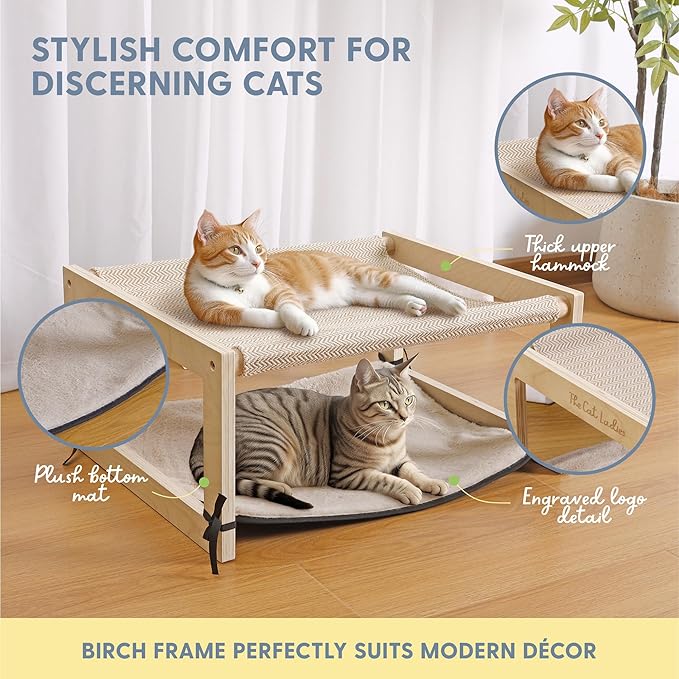 The Cat Ladies 2-in-1 Cat Hammock Bed - Elevated Wooden Pet Bunk Beds for Indoor Cats - Solid Wood Raised Hanging Bed for 1 or 2 Cats - Cat Furniture with Top Bed and Bottom Mat