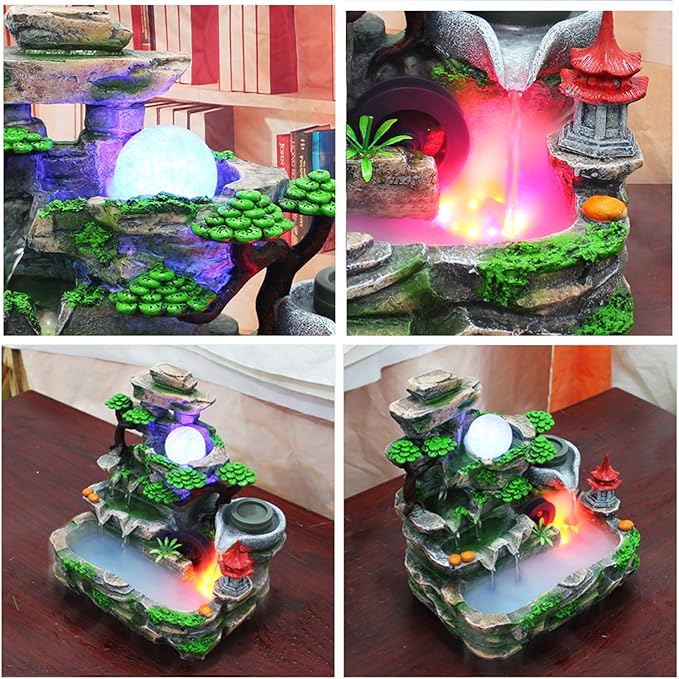 Tabletop Waterfall Fountain with Rockery, Mini Silent Indoor Ornament Desk Calming Water Fountain Desktop Simulation Resin with Atomizer LED Light for Office Bedroom Home Table Decor Multi-Layer